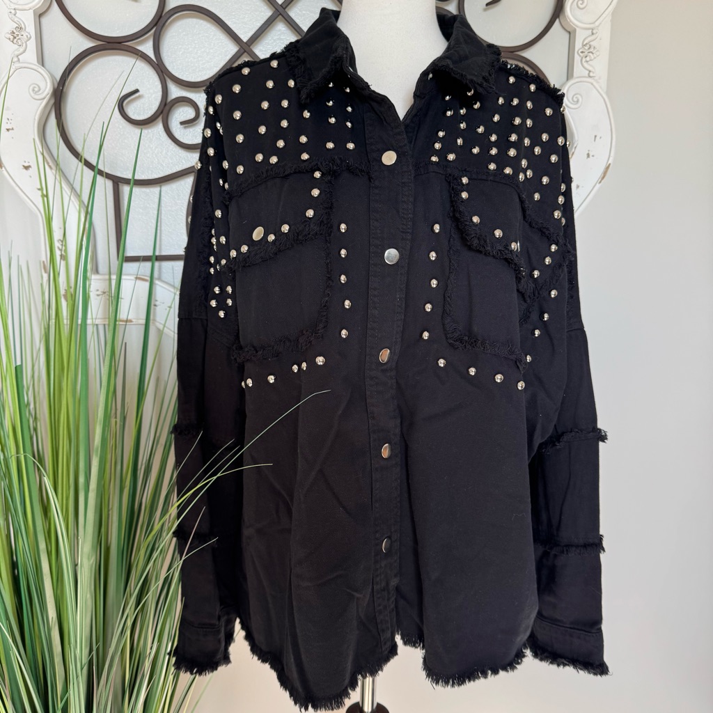 Elan Size Large Oversized Women’s Black Beaded & Fringe Western Long Sleeve Top